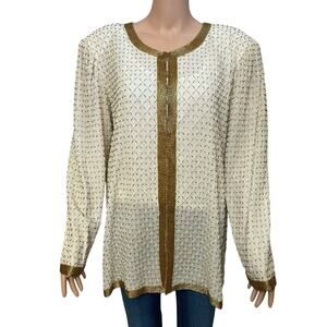 Tan Chho Beaded Evening Jacket 1X White Gold Formal Topper Long Sleeve Glam Silk